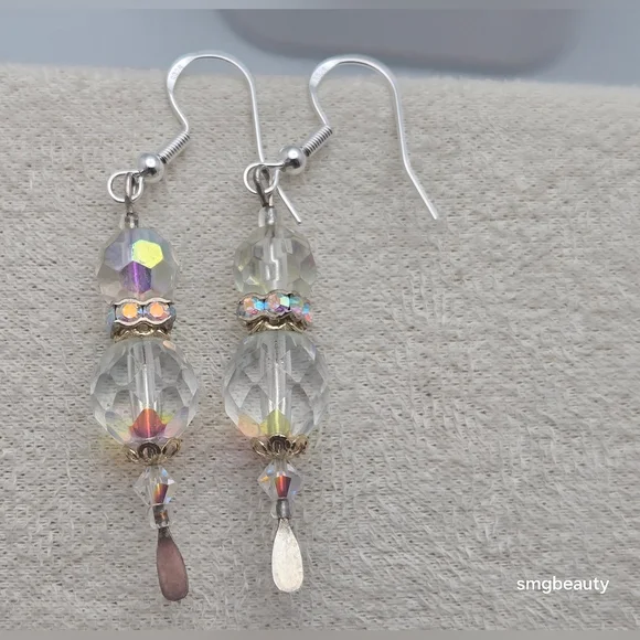 Handmade Sterling Silver AB Crystal Christmas Earrings 2” Swarovski Style - Picture 6 of 8